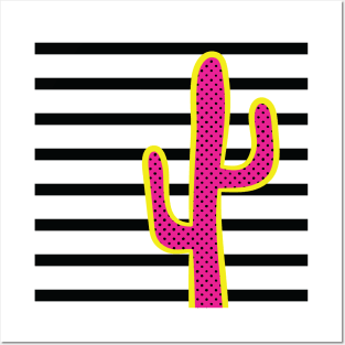 Pop art pink and yellow cactus on black and white stripes Posters and Art